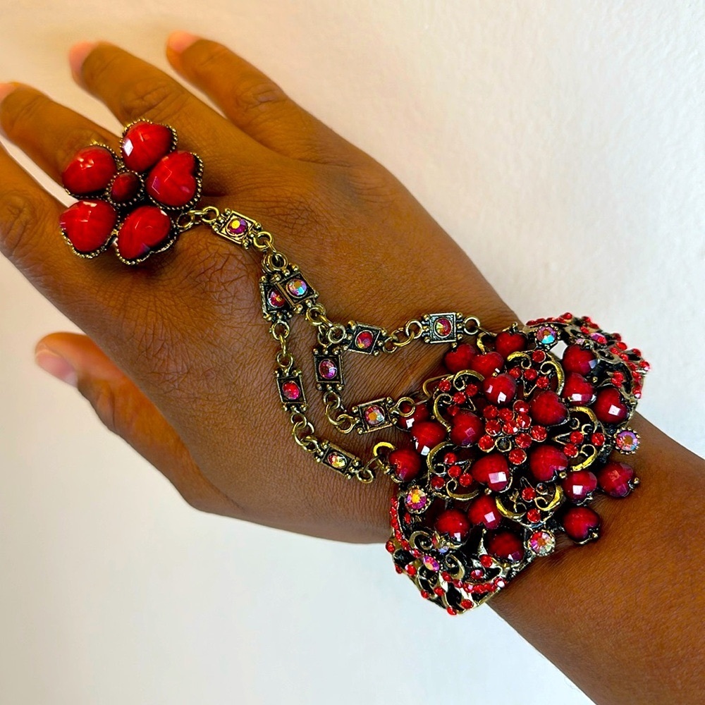 Ornate Bronze Tone with red gems Indian Bracelet with ring attached. Boho inspo